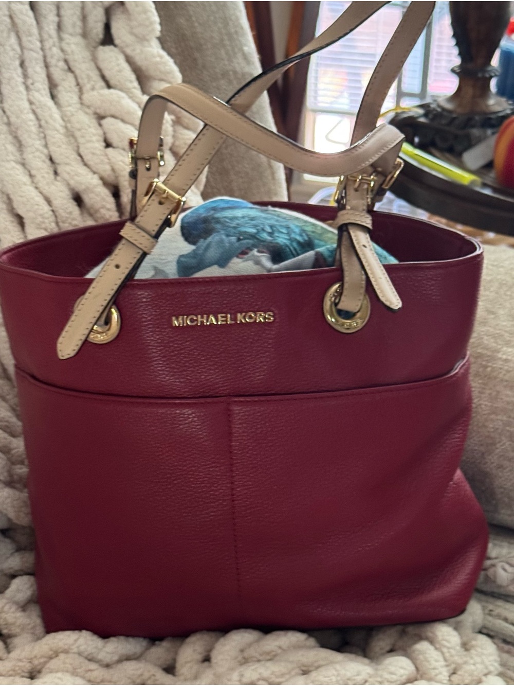 Michael Kors Maroon Leather Tote with Beige Straps